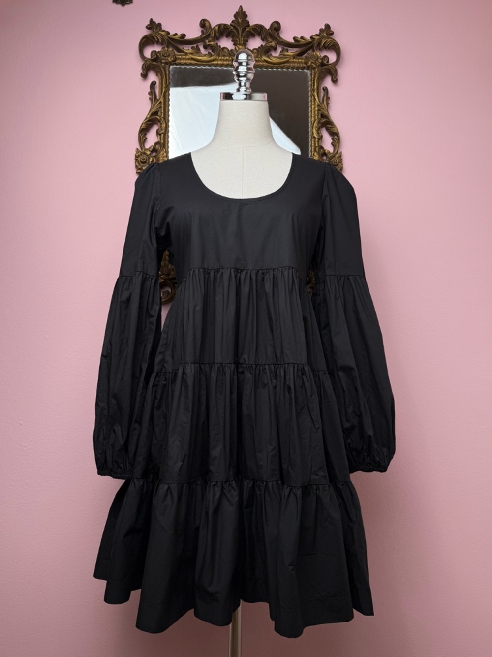 En Saison Babydoll Dress Black Tiered Puff Long Sleeve Mini Pocket Dress Small